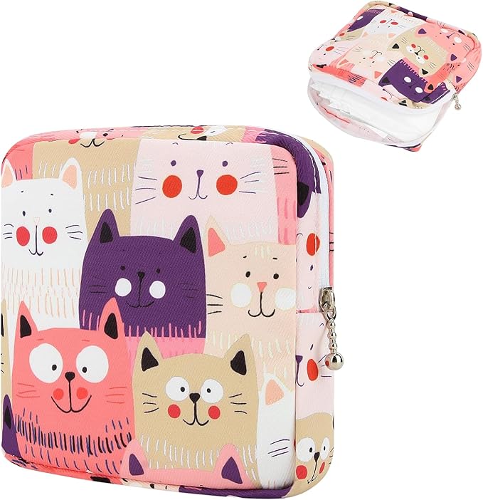 Sanitary Napkin Storage Bag,Period Bag,Portable Period Bag for Teen Pads Sanitary Napkins Small Tampons First Period Gifts for School Hygiene Bags Travel Containers (Cat)