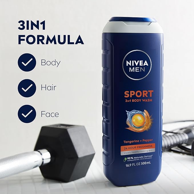 NIVEA Men Sport Body Wash with Revitalizing Minerals, Tangerine and Pepper Scent, 3-in-1 Men's Body Wash, Face and Hair, Paraben Free, Vegan Formula, 16.9 Fl Oz Bottle