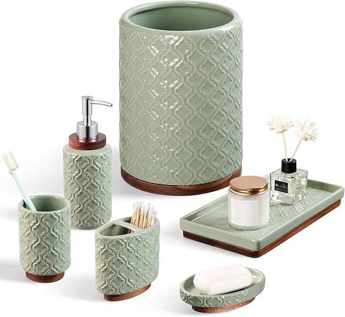 Elegant Bathroom Accessories Set 6 PCS Ceramic and Wood Bathroom Accessory Set Soap Dispenser Toothbrush Holder Tumbler Soap Dish Tray Trash Can Easy to Clean Quatrefoil Pattern Green