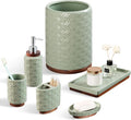 Elegant Bathroom Accessories Set 6 PCS Ceramic and Wood Bathroom Accessory Set Soap Dispenser Toothbrush Holder Tumbler Soap Dish Tray Trash Can Easy to Clean Quatrefoil Pattern Green