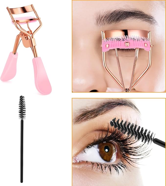 Beauty Eyelash Curler Stainless Steel Eye Lash Curler with 10 Silicone Refill Pads Professional Makeup Tool with Built-in Comb for Women Girls Any Eye Shapes