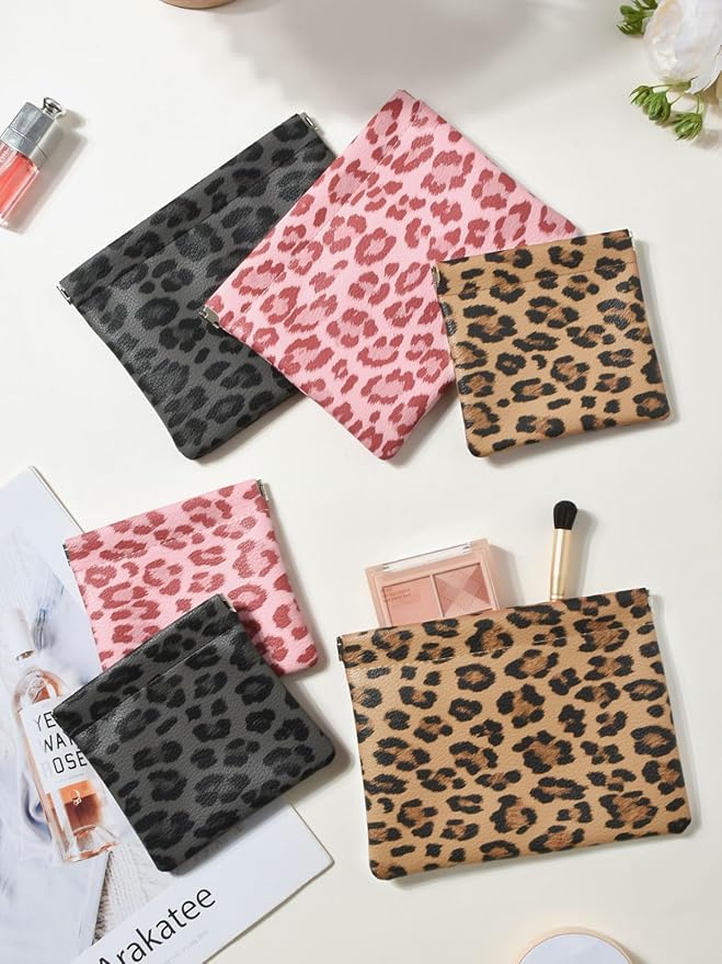 2 Leopard Leather Small Makeup Pouches Set for Women,Cosmetic Accessories,Waterproof and Portable Cosmetic Bags,Self-closing,No Zipper, Aesthetic Storage Pouch,Lipstick for Purse, Brown