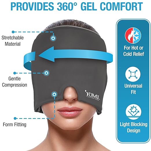 DMI Ultra Migraine Relief Cap | Natural Headache Relief | HSA & FSA Eligible | Migraine Mask and Headache Relief Hat | Gel Eye Mask | Ice Face Mask and Cold Cap for Migraines | Headache Ice Pack