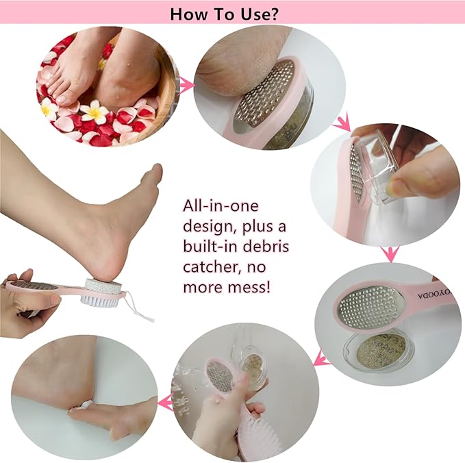 Foot Scrubber Brush with Pumice Stone for Feet, 5-in-1 Foot File Callus Remover, Stainless Steel Feet Scraper, Cleaning Brush and Sand Paper Debris Catcher, Multi Purpose for Home Foot Care