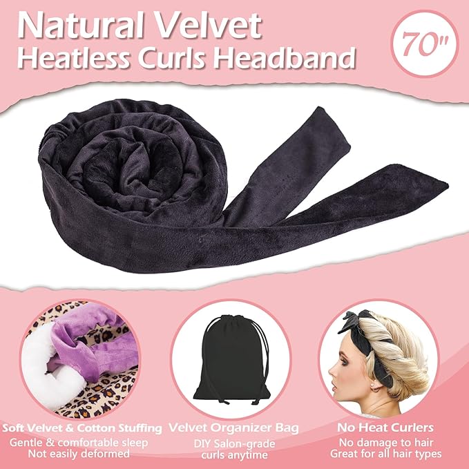 Heatless Curls Overnight Headband, 70'' No Heat Hair Curlers for Medium Long Hair, Black
