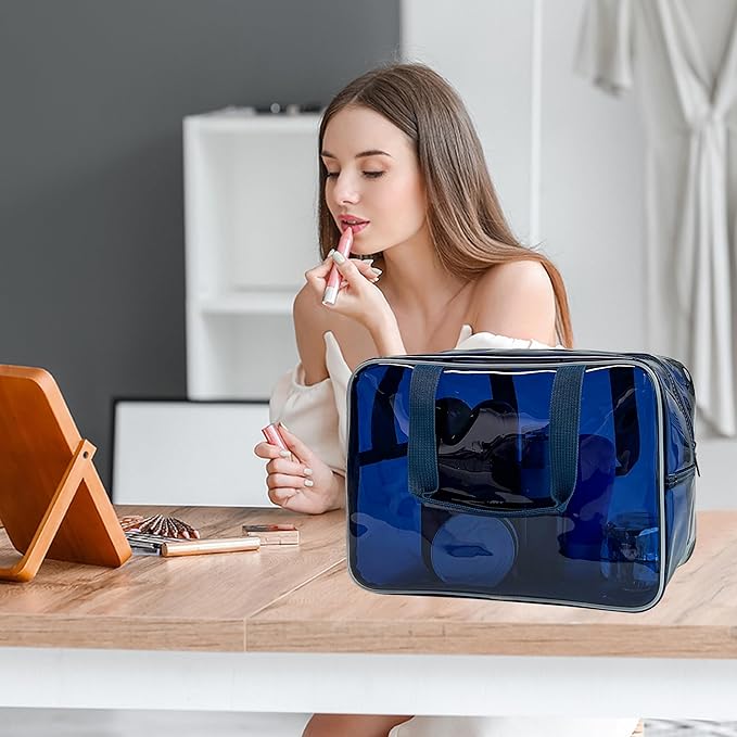 PVC Clear Pure Color Transparent Large Zipper Cosmetic Pouch Travel Makeup Cosmetic Bag with Handle for Travel Bathroom Toiletry Organizer (A23014-101-23)