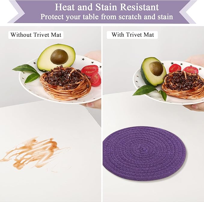 SHACOS 8 Inches Trivets for Hot Dishes, 4 Pieces Cotton Trivets Mats for Kitchen, Hot Pads for Countertops and Table, Heat-Resistant Pot Holders for Hot Pots and Pans(Purple, 4pcs)