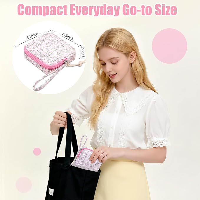 Small Makeup Bag | Discreet Period Bag Pad Pouch for Purse| Sanitary Napkin Storage & Tampon Holder for Travel (Cute flower pink)
