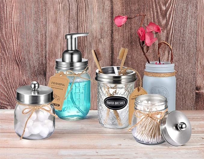 Amolliar Mason Jar Foaming Soap Dispenser Pump Lids (6 Pack), Refillable Foaming Pump Replacement for 16oz Regular Mouth Mason Jar, Waterproof Sticker, Kitchen Bathroom Farmhouse Decor, Brushed Nickel
