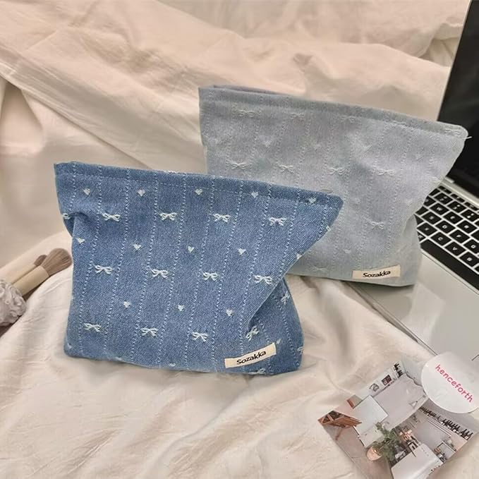 SxoSyo Makeup Bag for Women Cosmetic Bags Large Purse Travel Toiletry Zipper Storage Pouch Make up Brushes Organizer for Gifts (bowknot, denim blue)