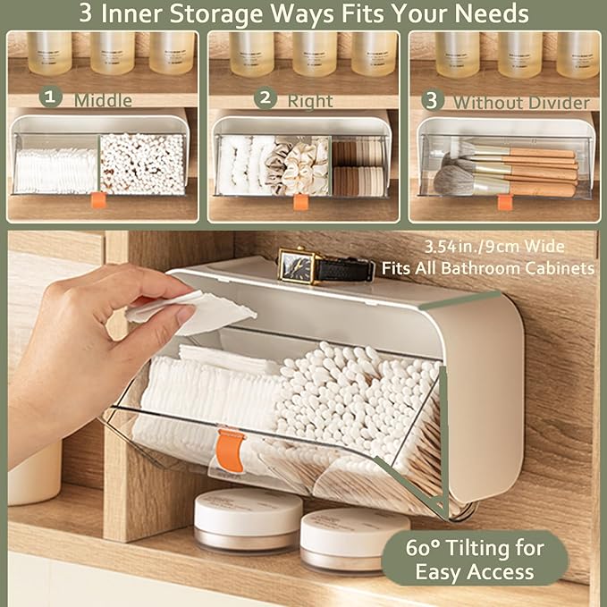 SUNFICON Wall Mounted Cotton Pads Holder Organizer Cotton Swab Balls Holder Q-tip Dispenser Qtip Storage Canister Cosmetic Pads Container Flossers Box Case Crystal Brown