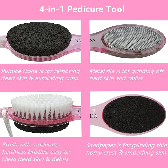 Foot File Callus Remover 4-in-1, 2 Pcs Feet Scraper Pedicure Tools with Pumice Stone, Scrubber Brush, Foot Rasp and Sand Paper, Double Sided Multi Purpose, Clear Pink