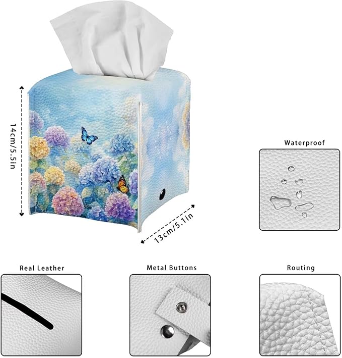 Butterflies Tissue Box Holder Stylish Waterproof PU Leather Square Tissue Box Cover with Metal Button Napkin Holder for Home Office Car Automotive Decor