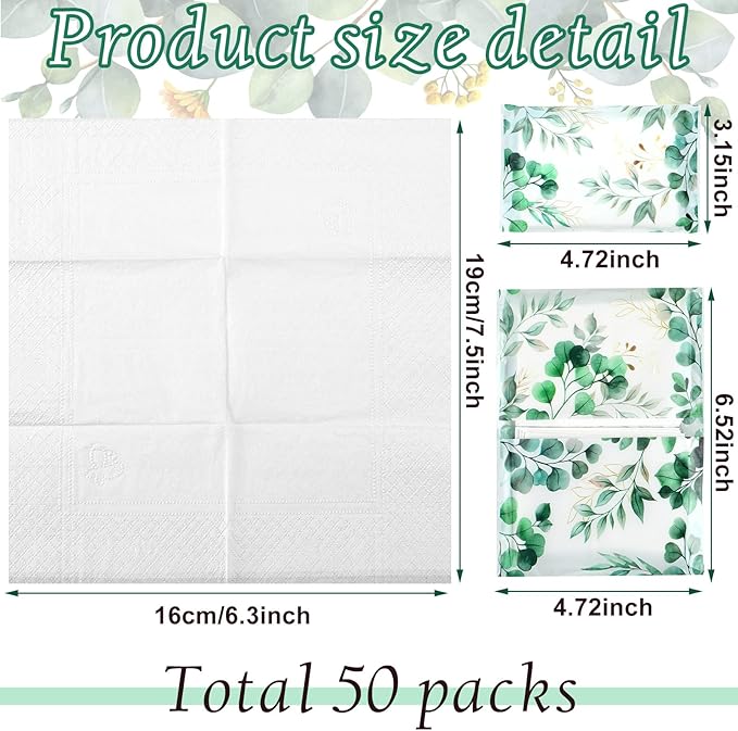 Geyee 50 Packs Tissue Travel Size Facial Paper Napkins Travel Packs Disposable Pocket Tissues for Wedding Guest Traveling School Purse Home Supplies, 500 Sheets 3 Ply(Eucalyptus Leaf)