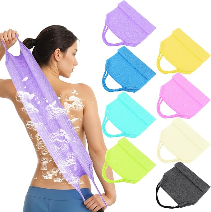 Giantree 8 Pack Exfoliating Back Scrubber with Handles, Back Scrubber Body Bath Pull Strap Scrubber, Nylon Stretchable Exfoliating Washcloth for Face Back Cleans Skin Massages Women Men