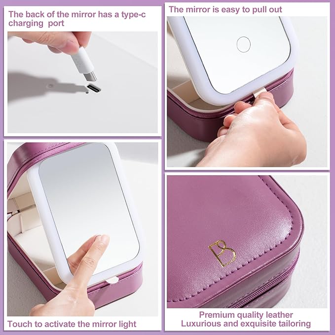 BS-MALL Travel Cosmetic Mirror Case LED Makeup Mirror Storage Case for Eyelash Station Brushes Cosmetic Tools On-the-go Makeup Needs (Rose Red)
