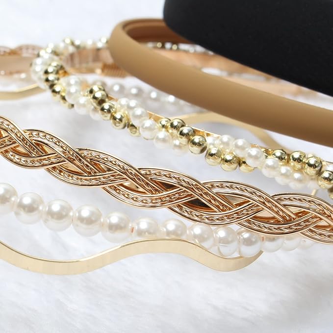 6PCS Different Designs Headbands for Women Gold Metal Hairband,Cute Pearl Hair Bands for Girls,Twisted Head Band,Black Padded Head Bands Set…