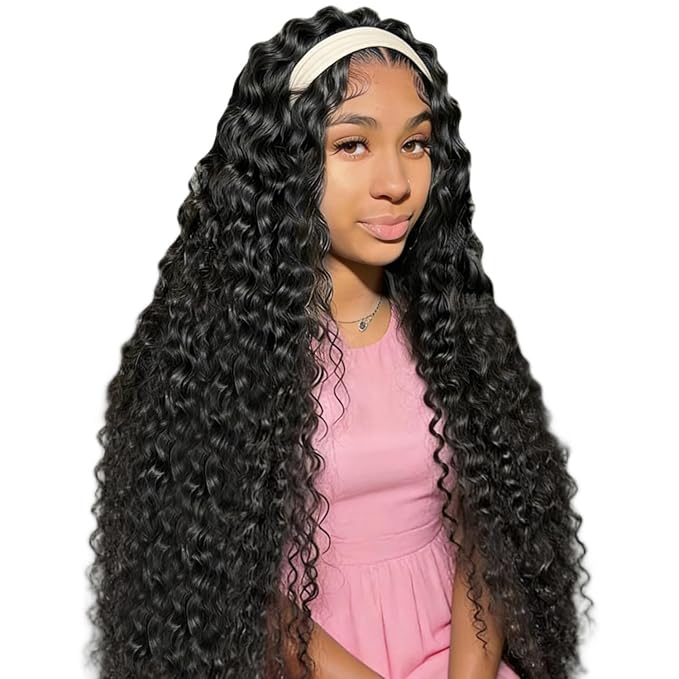 XSY 30 Inch Headband Wig Human Hair Deep Wave Glueless None Lace Front Wigs for Black Women 150% Density Curly Long Headband Wig Natural Color