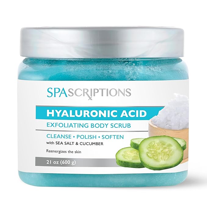 SpaScriptions Hyaluronic Acid Sugar Scrub - Hydrating Body Scrub Exfoliator with Seal Salt & Cucumber, Ideal for Dry & Rough Textured Skin, Helps Support Refershed, Hydrated & Smooth Skin, 21 oz
