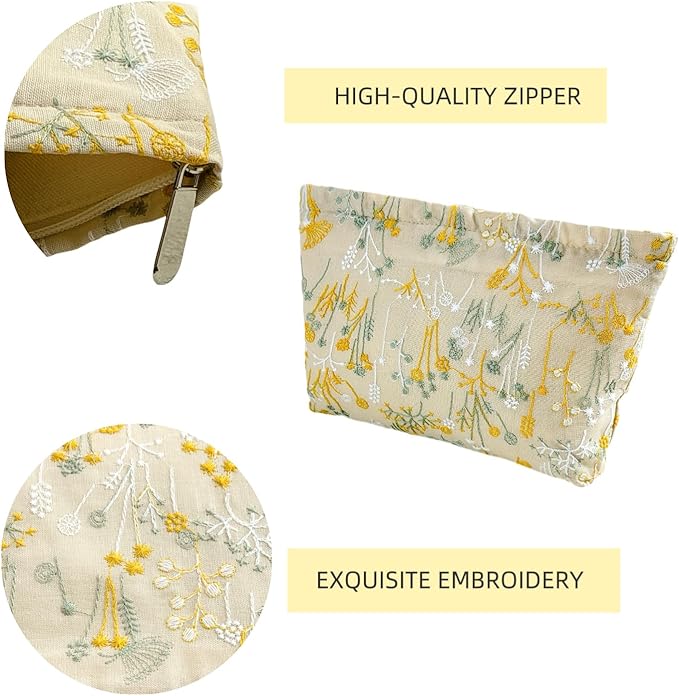 2 Pcs Makeup Bags, Large Cosmetic Bag Travel Toiletry Bag Organizer for Women, Embroidery Craft, Floral Makeup Bag Small Cosmetic Pouch Purse with Zipper Gifts for Girls Teen