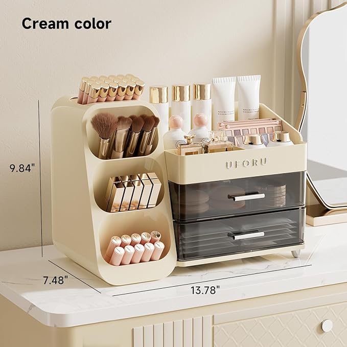 Makeup Organizer for Vanity with Brush Holder, Countertop Skincare Organizer with 2 Drawers, Spacious Cosmetic Display Case for Perfumes, Eyeshadow Palettes, Nail Polishes