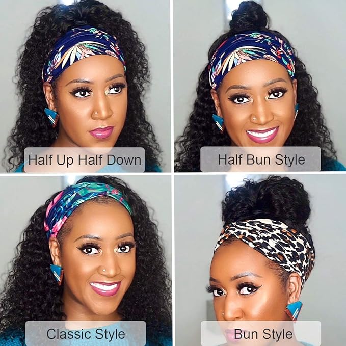 XSY Headband Wig Human Hair Deep Wave Headband Wigs for Black Women 22 Inch Glueless Half Wig Machine Made Curly Headband Wig 150% Density Natural Color