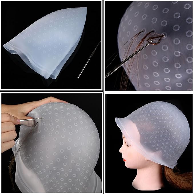 1 Pc White Reusable Silicone Hair Coloring Highlighting Cap, Hair Dyeing Cap for Hair with Hook for Hair Coloring Salon Hairdressing Tool