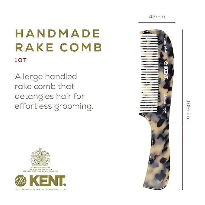 Kent 10T TW Large Handmade Wide Tooth Detangling Rake Comb - For Curly, Wet or Dry Thick Hair - Smooth and Comfortable