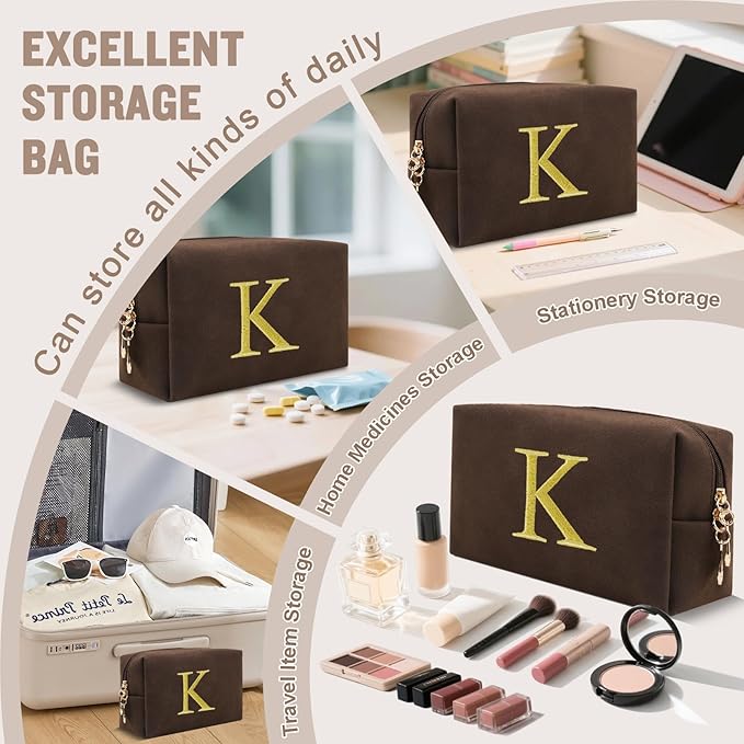 Personalized Initial Makeup Bag,Preppy Suede Cosmetic Bag for Teen Girls,Small Monogram Travel Toiletry Bag With Gold Embroidered Letter,Trendy Stuff Custom Christmas Gift for Women(Coffee-K)