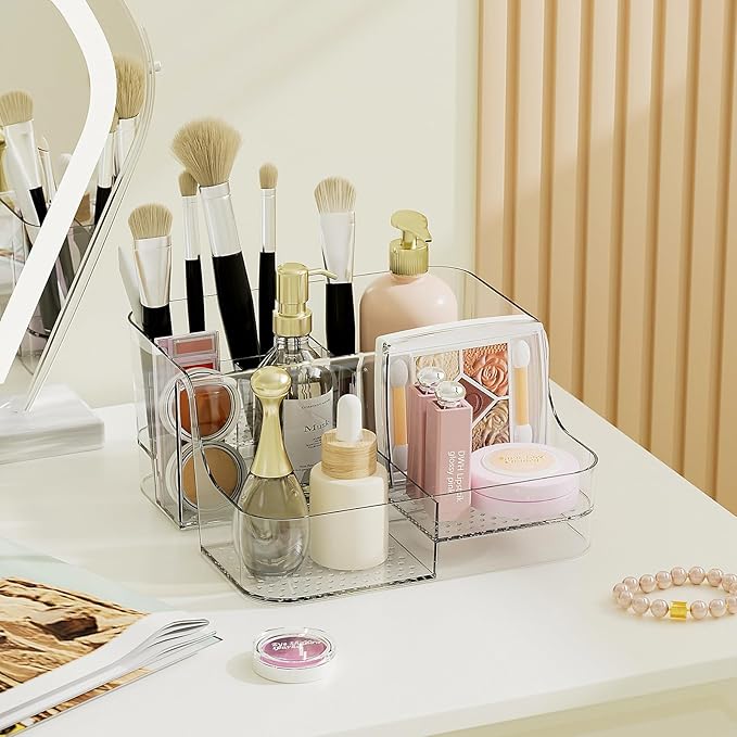 Clear Makeup Organizer Countertop – 6 Compartments Cosmetic, Jewelry, Skincare & Perfume Organizer, Vanity and Bathroom Counter Organizer, Multi-Use Makeup Brush Holder