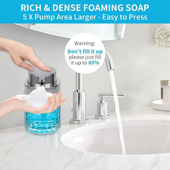 Foaming Soap Dispenser,Clear Glass Foam Hand Soap Dispenser for Bathroom, Refillable 8 Fl Oz Foamy Pump Bottle with Large Sliver Pump, Modern Diamond Dish Soap Foam Dispenser Container