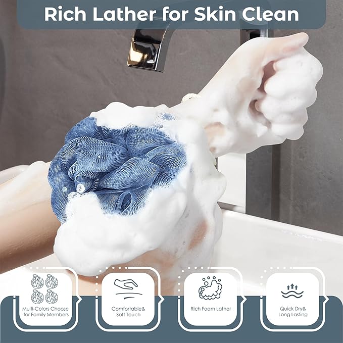 Shower Loofah Bath Sponge, 60G Loofah Exfoliating Body Scrubber, 4 Color Mesh Shower Pouf Balls for Body Wash (Blue Gray Green Dark Green)