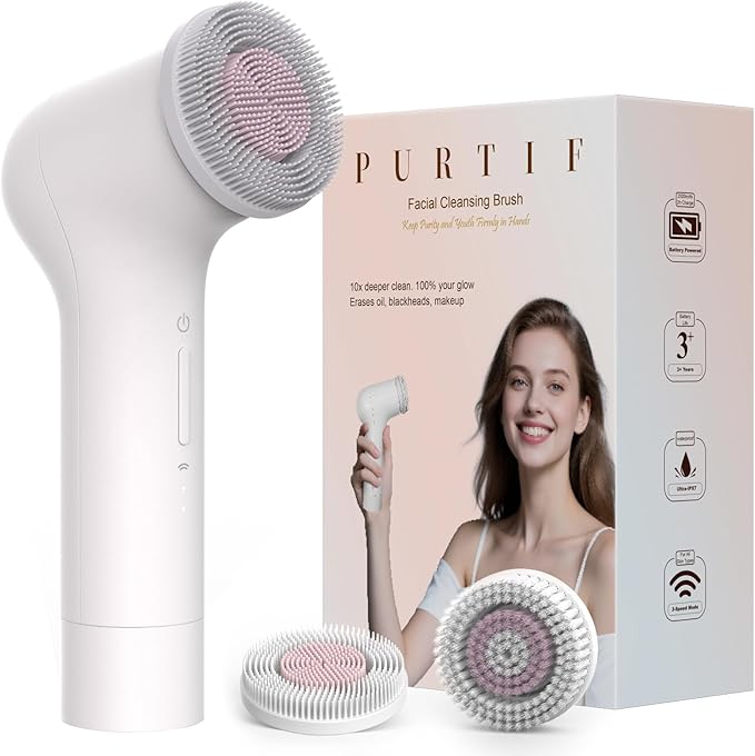 Electric Facial Cleansing Brush - Rechargeable Silicone Face Scrubber exfoliator, Face wash Machine, Pore Cleansing Brush for Women and Men,3Speeds,Waterproof, Exfoliating & Massage, White