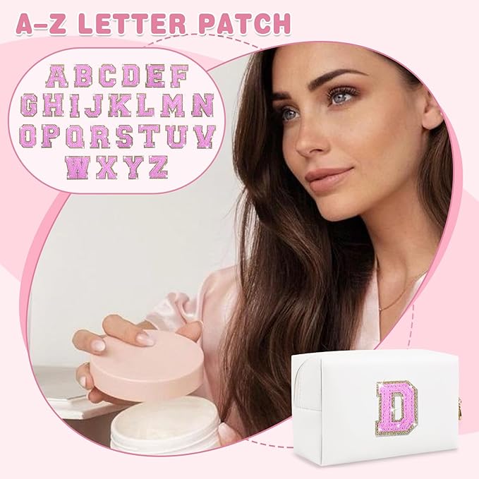 Small Initial Patch Makeup Bag Personalized Gifts Make Up Bag,White Cute PU Leather Glitter Letter Cosmetic Bag with Zipper,Trendy Portable Travel Toiletry Pouch,Preppy Stuff for Teen Girls Women D