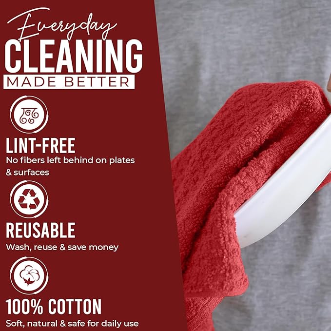 DAN RIVER Premium Kitchen Towels - [Pack of 12] 100% Cotton (16x 26 Inches) -Super Soft,Highly Absorbent, Quick Dry, Dish Towels for Kitchen Towels -Red