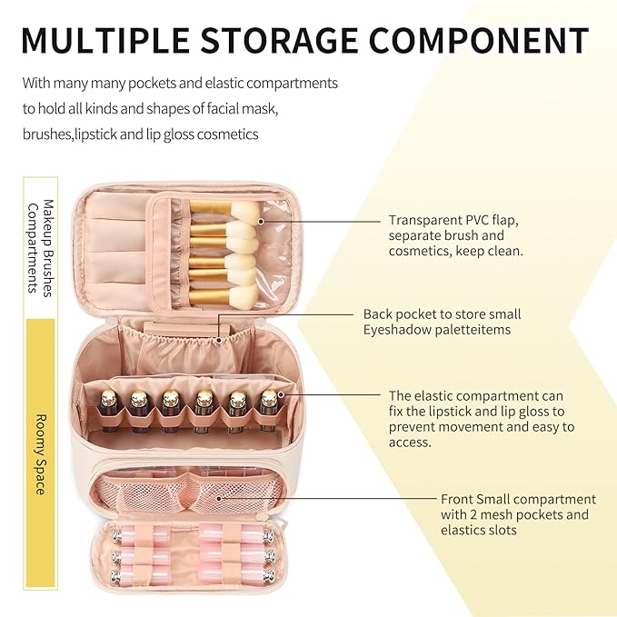 OCHEAL Makeup Bag, Multifunctional Large Compact Organizer Cosmetics Toiletry Brushes Storage Case for Women Girls with Handle Divider - Beige