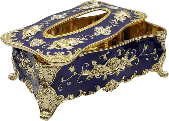 9.45"x5.43"x3.94" Luxurious Rose Tissue Box with Imitation Diamonds, Embossed Flowers, Elegant Tissue Paper Holders for Home Toilet Bath Hotel,Gold Transparent-Blue