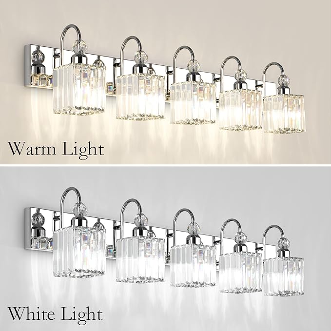 Ralbay Chrome Crystal Vanity Lights 5-Lights 40'' Modern Crystal Bathroom Light Fixtures Modern Crystal Vanity Lighting Over Long Mirror Bathroom Wall Lighting Fixtures