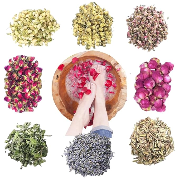Dried Flowers Pedicure Foot Soak Kit,8 Bags Set for Dry Tired Feet,Including Rose Buds,Lavender,Jasmine,Chrysanthemum,Lemongrass,Mint, Peony,Peach Blossom (8 Bags, Dried Flowers)