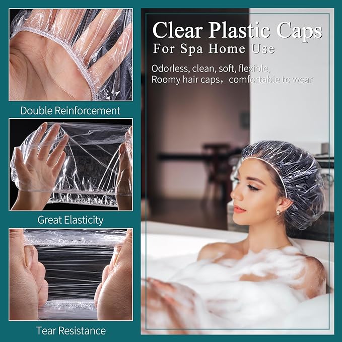MORGLES 100 Pcs Disposable Shower Caps, Clear Large Shower Caps for Women Disposable, Plastic Hair Caps for Hair Treatment, Spa, Home & Travel Use,19.7"