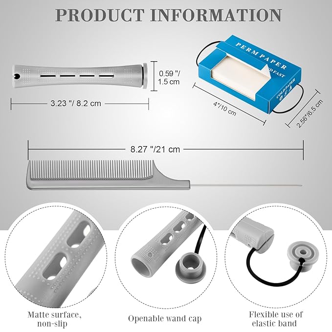 WILLBOND Hair Styling Kit: 48 Hair Perm Rods Plastic Cold Wave Rods, 2 Steel Pintail Combs, 350 Perm Papers, 6 Duck Bill Clips for Hairdressing Styling(Gray)