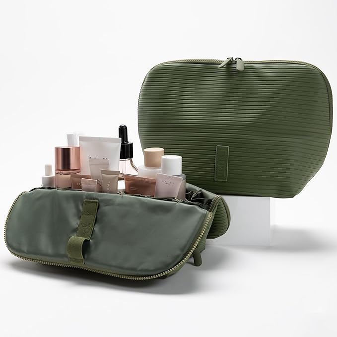 THE VERTI-Vertical Waterproof Makeup & Toiletry Bag | 23-Pocket Organizer with Upright, Fold-Down Design for Skincare, Toiletries & Essentials (Olive)