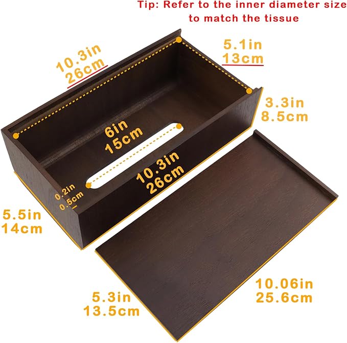 Geesatis Tissue Box Cover,Square Wood Tissue Box Holder, Rectangular Napkin Facial Tissues Holder for Bathroom Toilet Bedroom Living Room Table Desk Office Dresser, 1 Pcs Dark Brown 10.3"x5.5"x3.4"