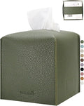 Tissue Box Cover 5X5X5'' PU Leather Tissue Holder Square Tissue Cube Box Organizer for Bathroom Vanity Countertop, Car, Night Stands, Office, Home, Kitchen (1Pack, Dark Green)