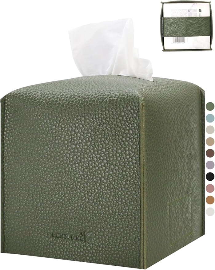 Tissue Box Cover 5X5X5'' PU Leather Tissue Holder Square Tissue Cube Box Organizer for Bathroom Vanity Countertop, Car, Night Stands, Office, Home, Kitchen (1Pack, Dark Green)