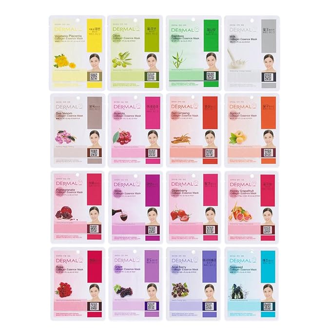 DERMAL Collagen Essence Sheet Mask 16 Combo Pack - 16 Days Daily Skin Therapy for Glow - Variety Gift Set - K-Beauty