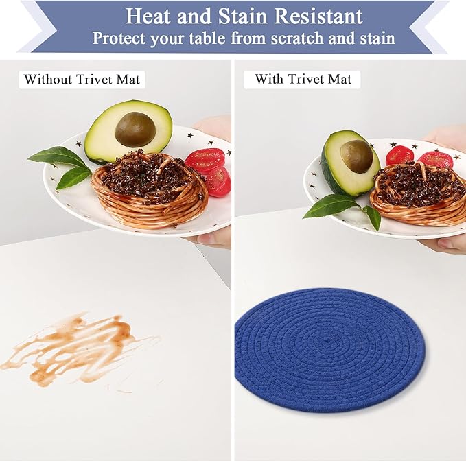 SHACOS 10 Inches Trivets for Hot Dishes, 4 Pieces Cotton Trivets Mats for Kitchen, Hot Pads for Countertops and Table, Heat-Resistant Pot Holders for Hot Pots and Pans(Deep Blue, 4pcs)