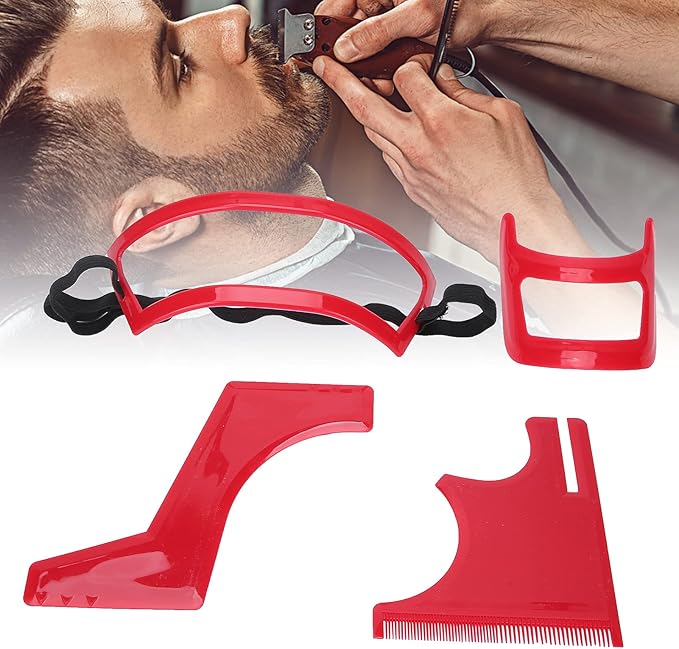 4 Pcs Red Beard Shaping Tool Kit, Plastic Beard Template Set Barber Supplies Set for Men Hairline Neckline & Beard Grooming Styling Beard Trimming Tools