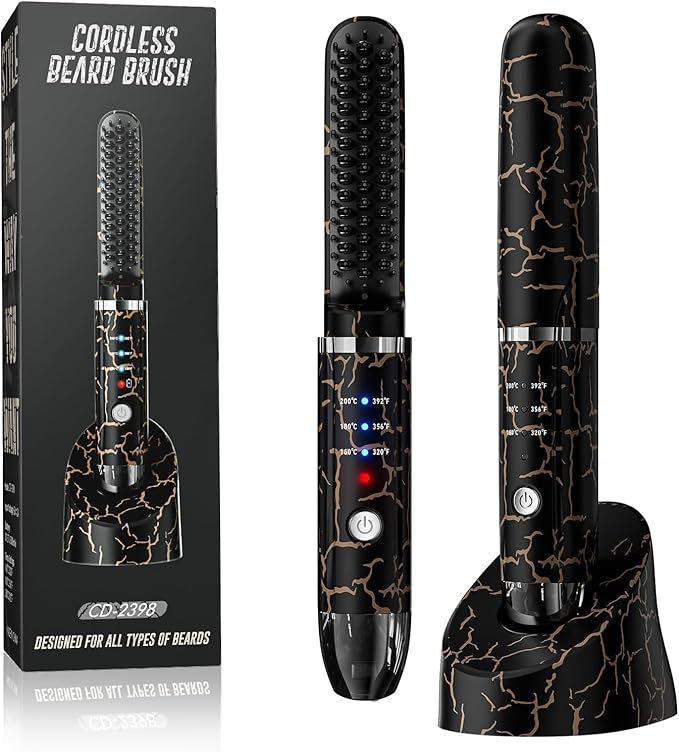 Beard Straightener for Men, Cordless Heated Beard Brush, Portable Beard Hot Combs, Ionic Mini Hair Straightener with 3 Temp Settings, Coarse Curly Hair Brush, Grooming Kit for Men