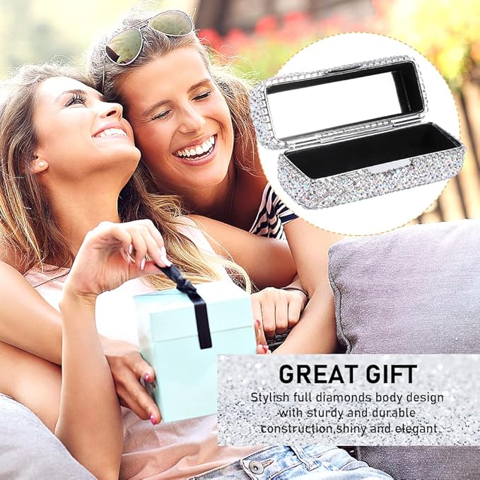 Rhinestone Lipstick Case with Mirror Bling Crystal Lipstick Case Diamonds Makeup Cosmetic Storage Box Holder for Purse(COLOR:White)